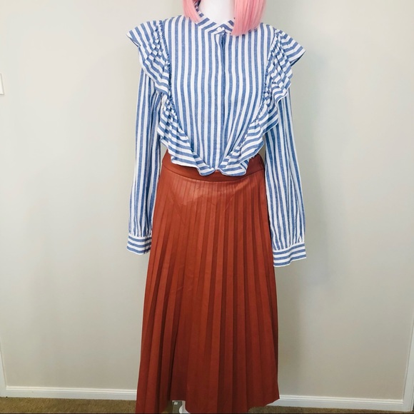 SOLD Blue & White Stripe Cotton Long Sleeve MVN Ruffle Button Up Shirt 12 - Picture 3 of 16